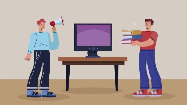 Young men with megaphone and books — Stock Video