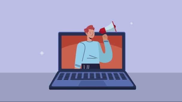 Young man with megaphone in laptop animation — Stock Video