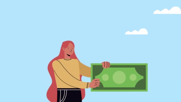 Young woman with bill dollar animation — Stock Video