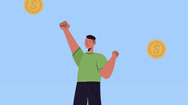 Młody człowiek z monetami pieniądze dolarów animacja — Wideo stockowe