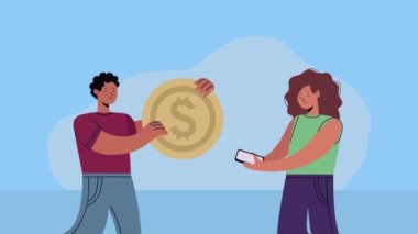 Akıllı telefonu ve bozuk para animasyonu olan genç bir çift.