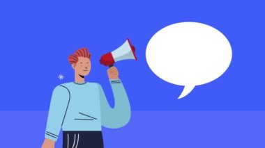 Genç iş adamı megafon ve konuşma balonuyla