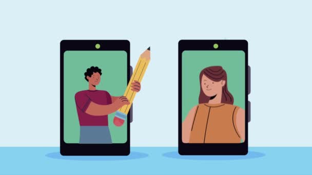 Pareja de negocios en la animación smartphones — Vídeo de stock