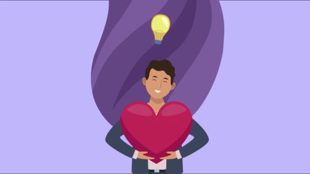 Анимация психического здоровья с бизнесменом, поднимающим сердце — стоковое видео