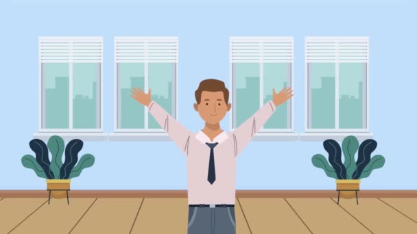 Affärsman firar i korridoren animation — Stockvideo