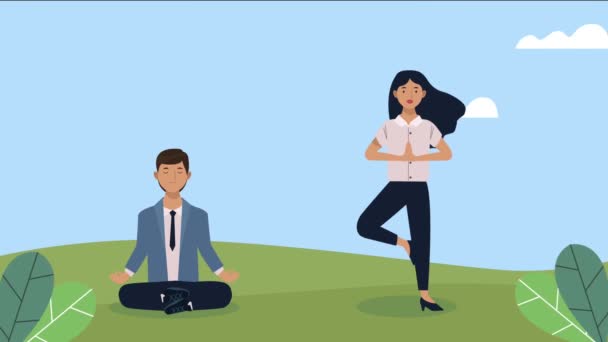 Business persons practicing yoga characters — Stock Video