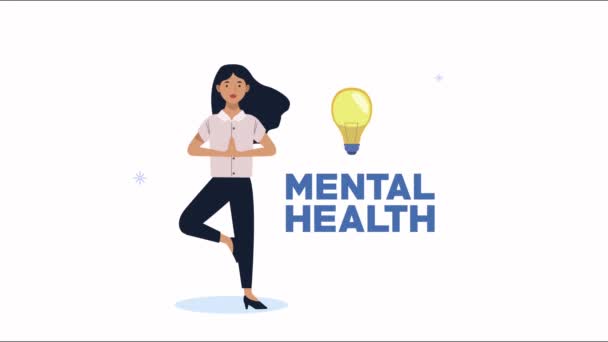 Анімація психічного здоров'я з жінкою і лампочкою — стокове відео