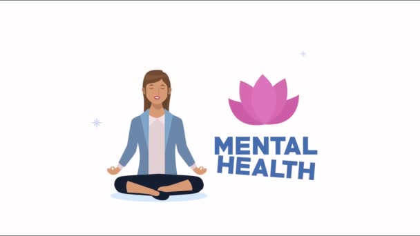 Animación de letras de salud mental con la mujer en posición de loto — Vídeos de Stock