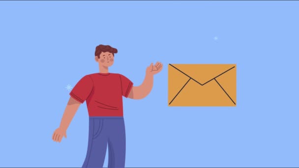 Молодой человек персонаж с анимацией конверта — стоковое видео