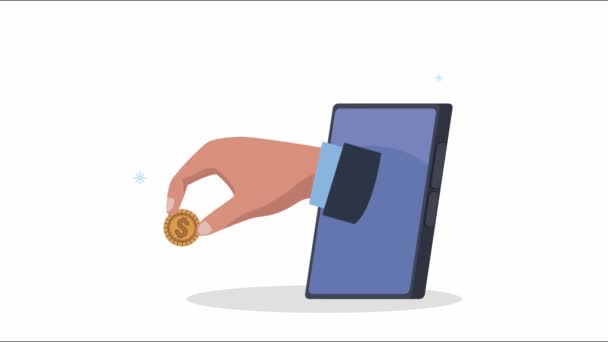 Hand mit Münze in Smartphone-Animation — Stockvideo