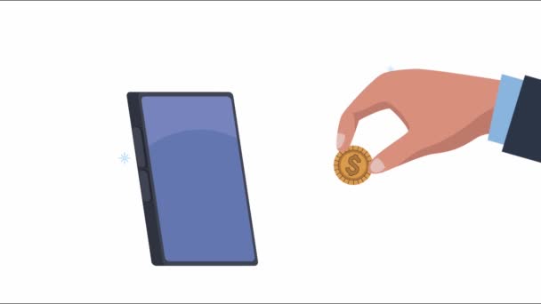 Hand with coin with smartphone animation — Stock Video
