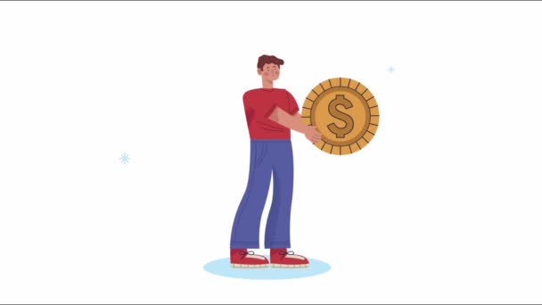 Молодой человек с монетной анимацией — стоковое видео