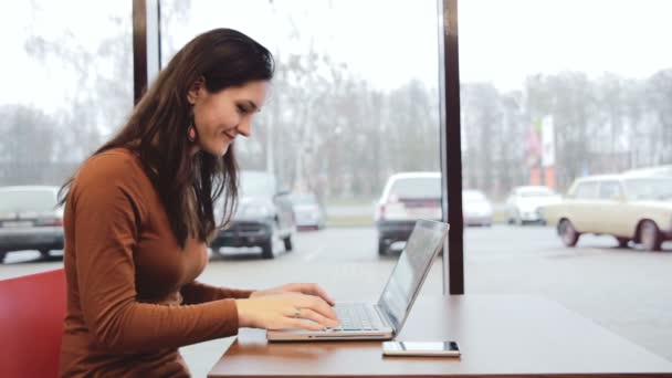 Empresaria trabajando en la computadora portátil en la cafetería. estática — Vídeos de Stock