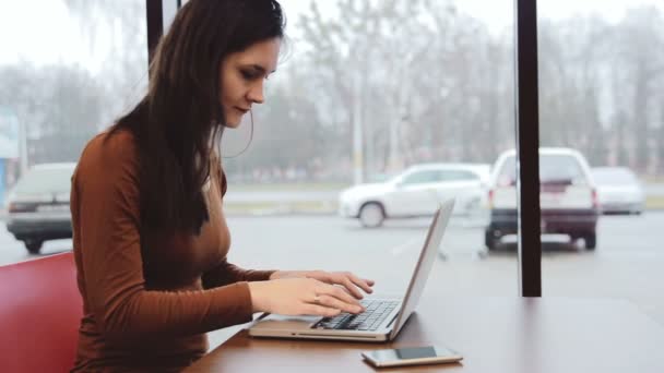 Zakenvrouw die op laptop in café werkt. statische — Stockvideo