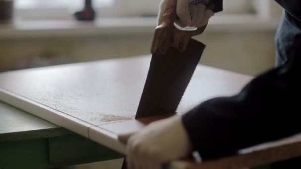 Travailleur masculin utilisant la scie à main. Assemblage de meubles — Video