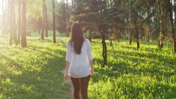 Uma mulher a caminhar na floresta ao pôr-do-sol. Movimento lento — Vídeo de Stock