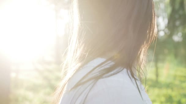 Cheveux brunette fille développe vent au coucher du soleil — Video