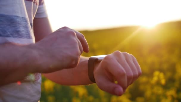 Man met smartwatch op zonsondergang op gebied van bloemen — Stockvideo