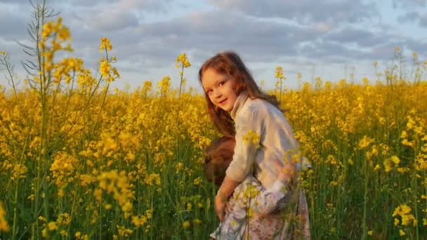 Bruder und Schwester umarmen sich bei Sonnenuntergang auf einem Feld — Stockvideo