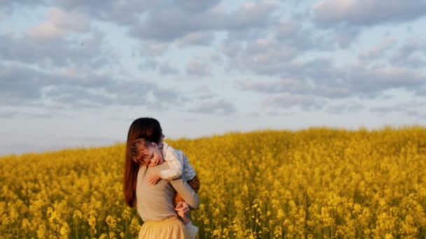Modern som håller sin son på fältet vid solnedgången. Långsamma mo — Stockvideo