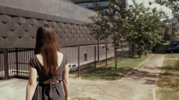 Mulher de negócios sexy andando em uma calçada na rua urbana com sua pasta, steadicam tiro. lento mo — Vídeo de Stock