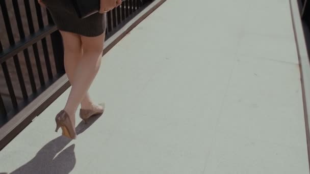 Femme d'affaires sexy marchant sur un trottoir dans la rue urbaine de la ville avec sa mallette, steadicam shot. ralenti — Video