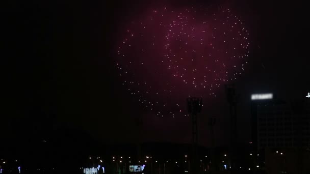 Buntes Feuerwerk über den Lichtern der Stadt. — Stockvideo