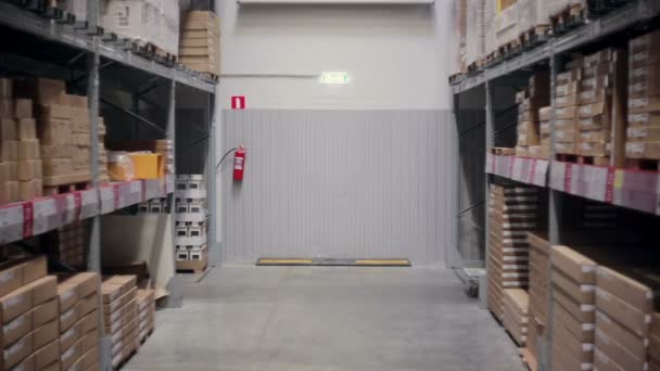 Vue latérale d'un homme poussant un chariot dans un entrepôt de stockage — Video