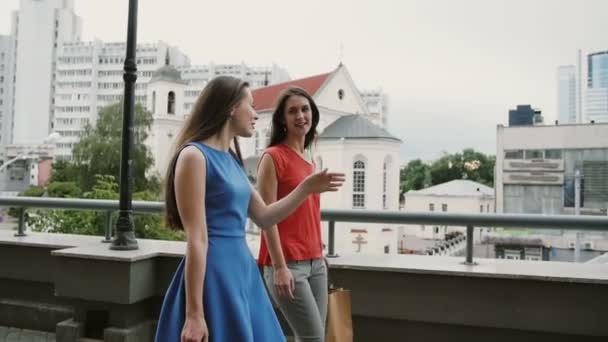 Vista lateral de hermosas mujeres jóvenes caminando con bolsas de compras, hablando discutir, lento mo stedicam shot — Vídeos de Stock