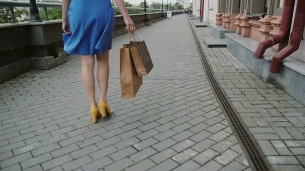 Piernas delgada mujer joven, caminando por la ciudad más allá de la tienda con bolsas de compras, vista trasera, lento mo, stedicam shot — Vídeo de stock