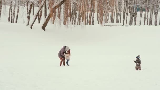 Ung mor med sina barn leker och har kul i snön — Stockvideo