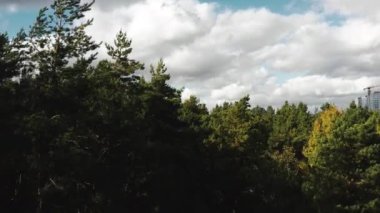 Orman ağaçlarının üzerinden yükselen İHA, sonbahar günü Beyaz Rusya 'nın Minsk kentsel panoramasını Ulusal Kütüphane ile gözler önüne seriyor..