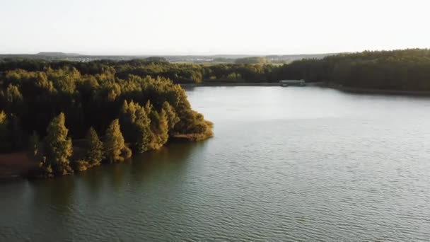 Wspaniała spokojna przyroda, dron latający nad spokojnym jesiennym jeziorem w kierunku zielonego lasu podczas wspaniałego cichego wschodu słońca. — Wideo stockowe