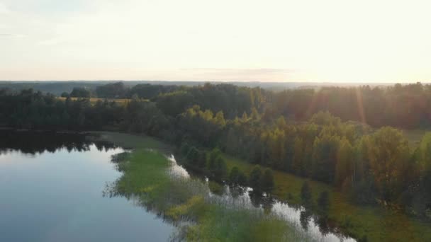 Magnifica natura di campagna, drone gira lentamente a sinistra sopra calmo lago alba e lussureggiante foresta verde rivelando villaggio. — Video Stock