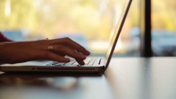 Женщина печатает на ноутбуке, компьютер у окна. ползунок вправо — стоковое видео