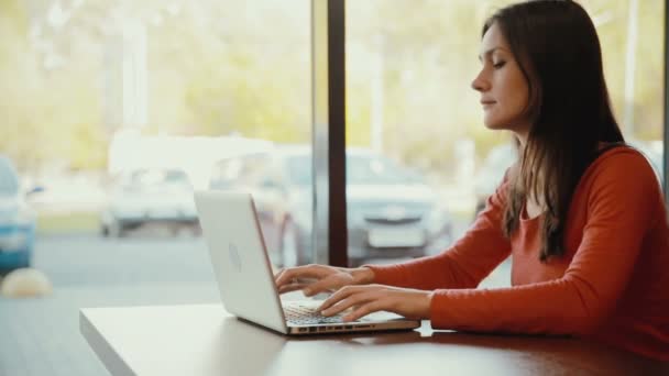 Woman typing on laptop and smiling at cafe — Stock Video