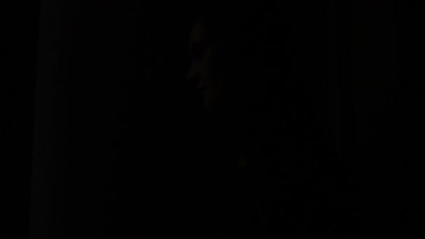 若い女性は、暗闇の中から光のドアを開ける — ストック動画