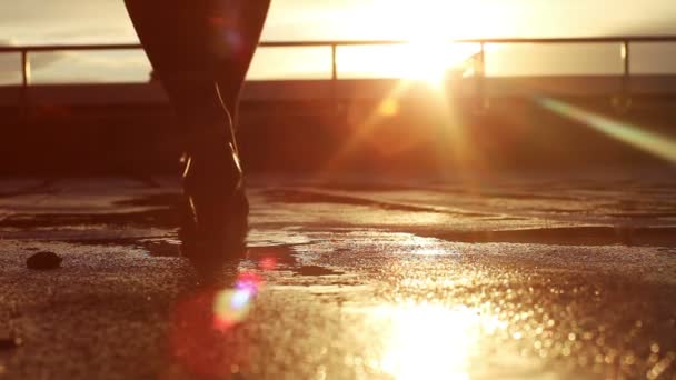 Benen van de vrouw op de weg na regen in de zonsondergang — Stockvideo