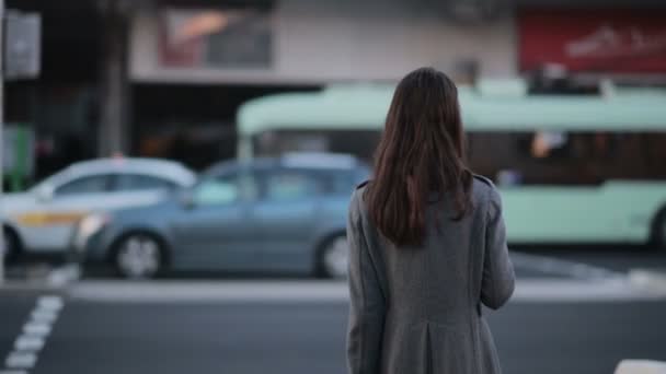 Beautiful young girl waiting at a crosswalk — Stock Video