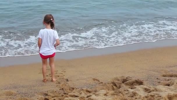 小さな女の子がビーチで波と遊んで — ストック動画