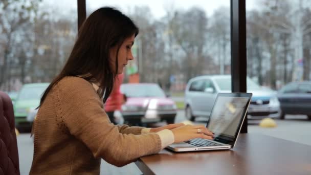 Empresaria trabajando en la computadora portátil en la cafetería. estática — Vídeos de Stock