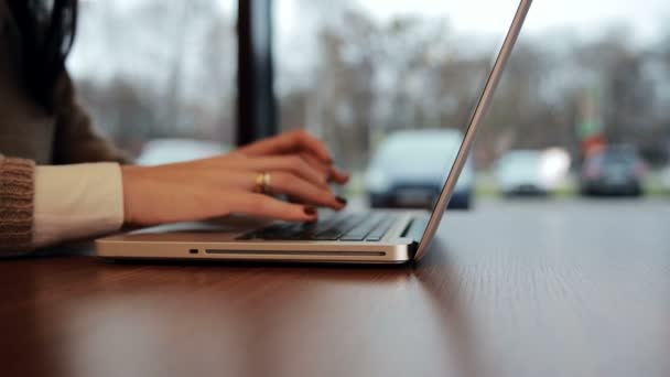 Las manos femeninas trabajan en el portátil en la cafetería. estática — Vídeos de Stock