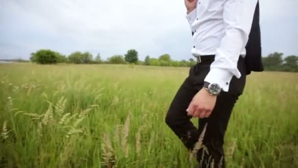 Человек в костюме ходит по полю — стоковое видео