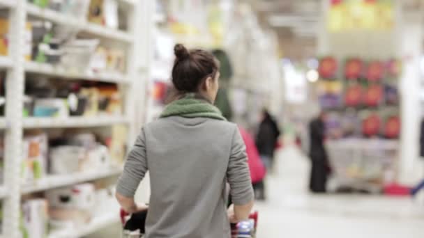 Ragazza che cammina attraverso il negozio con un carrello del mercato — Video Stock