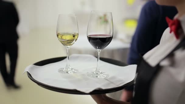 Kellner hält Tablett mit Weingläsern — Stockvideo