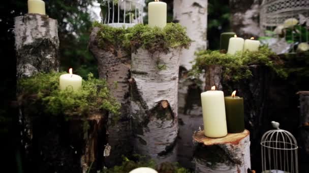 Hermosa decoración de la boda con velas, troncos de abedul — Vídeos de Stock