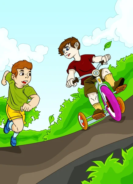 Niños jugando bicicleta — Vector de stock