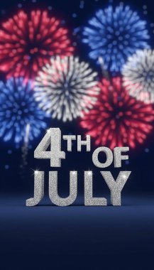 4 Temmuz Bağımsızlık Günü posteri. Parlak kırmızı, mavi ve yeşil havai fişekler. Amerikan bayrağı renkleri. Koyu mavi gece gökyüzü. 4 Temmuz mesajınız kutlu olsun. Sosyal medya afişleri ve kartlar için harika. Vektör