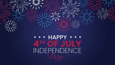 4 Temmuz Bağımsızlık Günü posteri. Parlak kırmızı, mavi ve yeşil havai fişekler. Amerikan bayrağı renkleri. Koyu mavi gece gökyüzü. 4 Temmuz mesajınız kutlu olsun. Sosyal medya afişleri ve kartlar için harika. Vektör