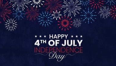 4 Temmuz Bağımsızlık Günü posteri. Parlak kırmızı, mavi ve yeşil havai fişekler. Amerikan bayrağı renkleri. Koyu mavi gece gökyüzü. 4 Temmuz mesajınız kutlu olsun. Sosyal medya afişleri ve kartlar için harika. Vektör